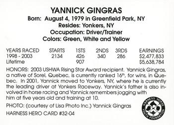 2004 Harness Heroes #32-04 Yannick Gingras Back